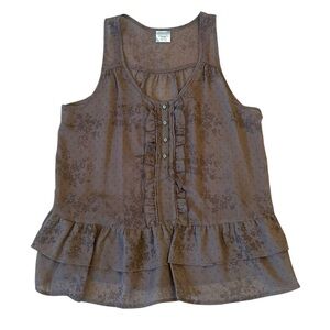 Sheer Fall Brown Floral Layering Sleeveless Blouse w/Ruffle Detail Medium
